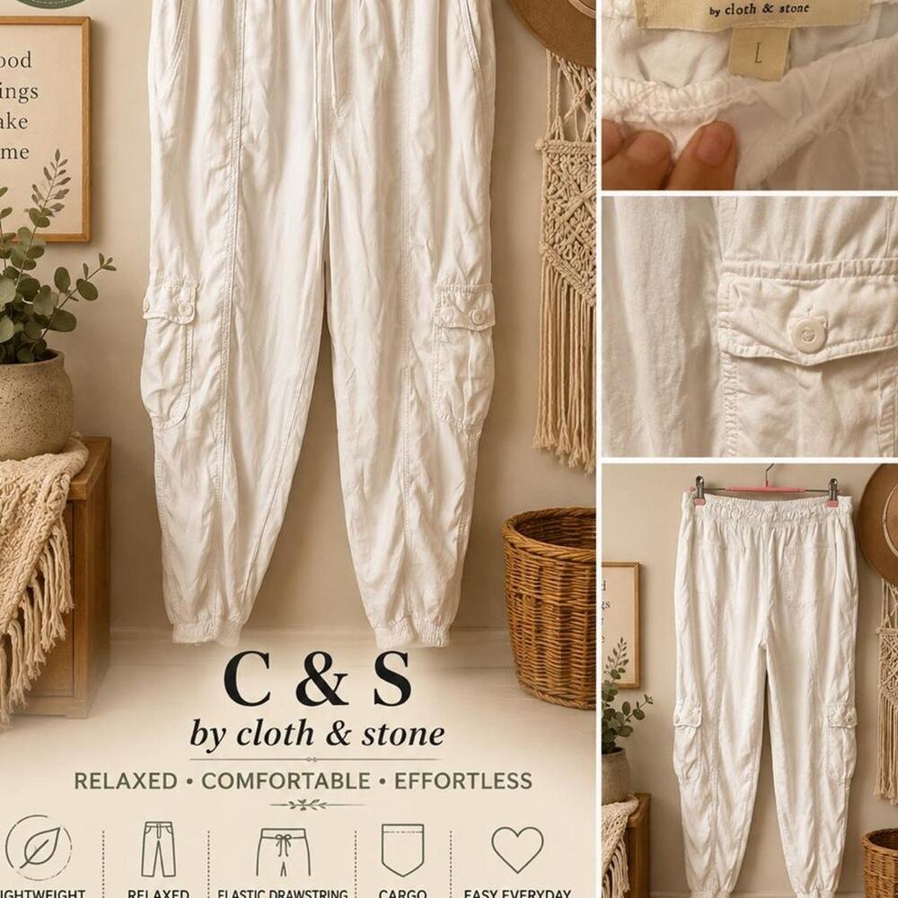 C&S by Cloth & Stone White Cargo Jogger Pants Women’s Large Lightweight Drawstri
